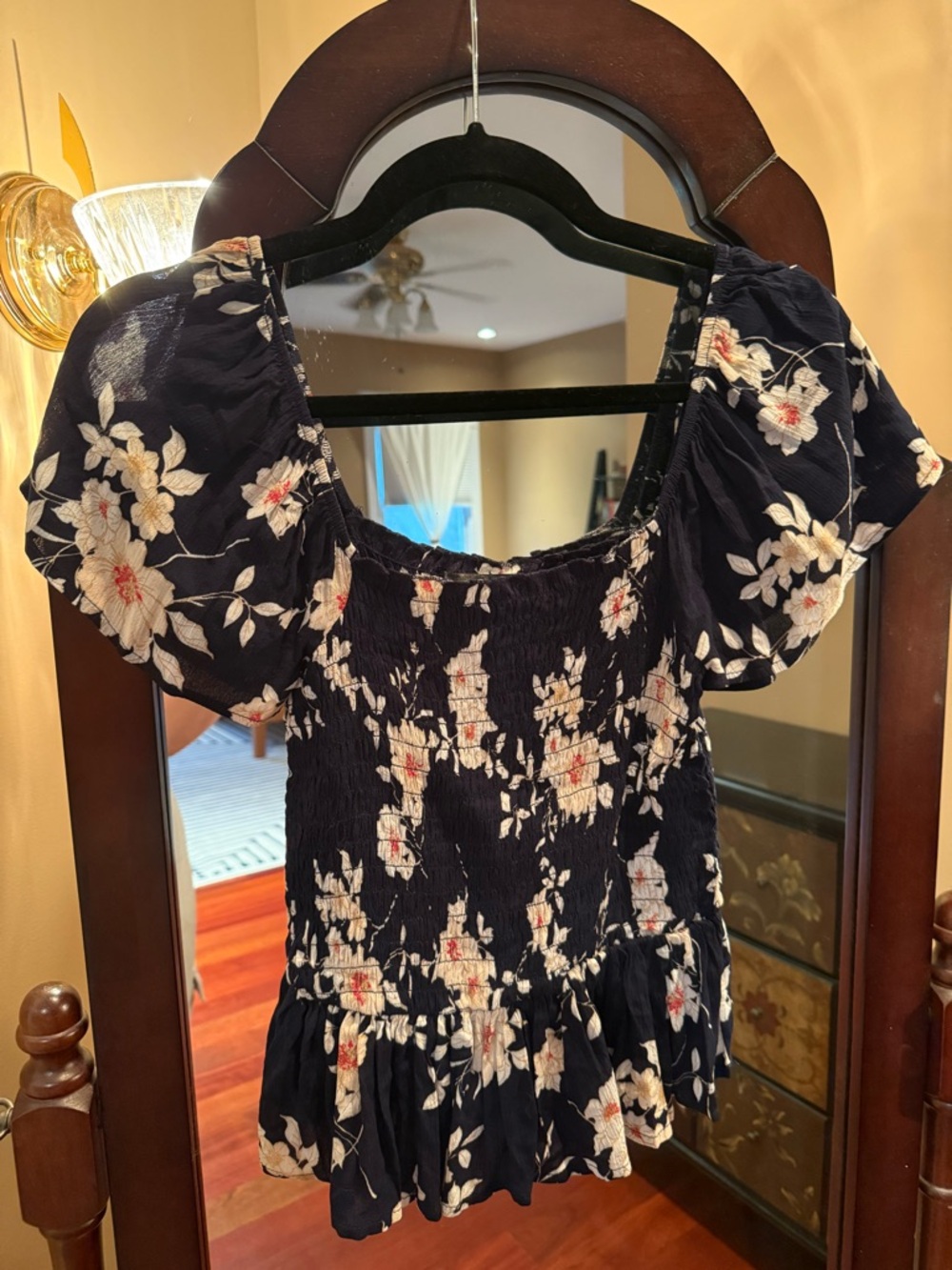 Navy Floral Smocked Peplum Blouse - Women